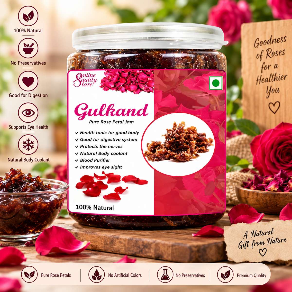 Online Quality Store Natural Gulkand (Rose Petal Jam), 400g | Sun-Cooked Damask Rose Petals & Rock Sugar |Pure gulkand Organic| Gulkand for Paan