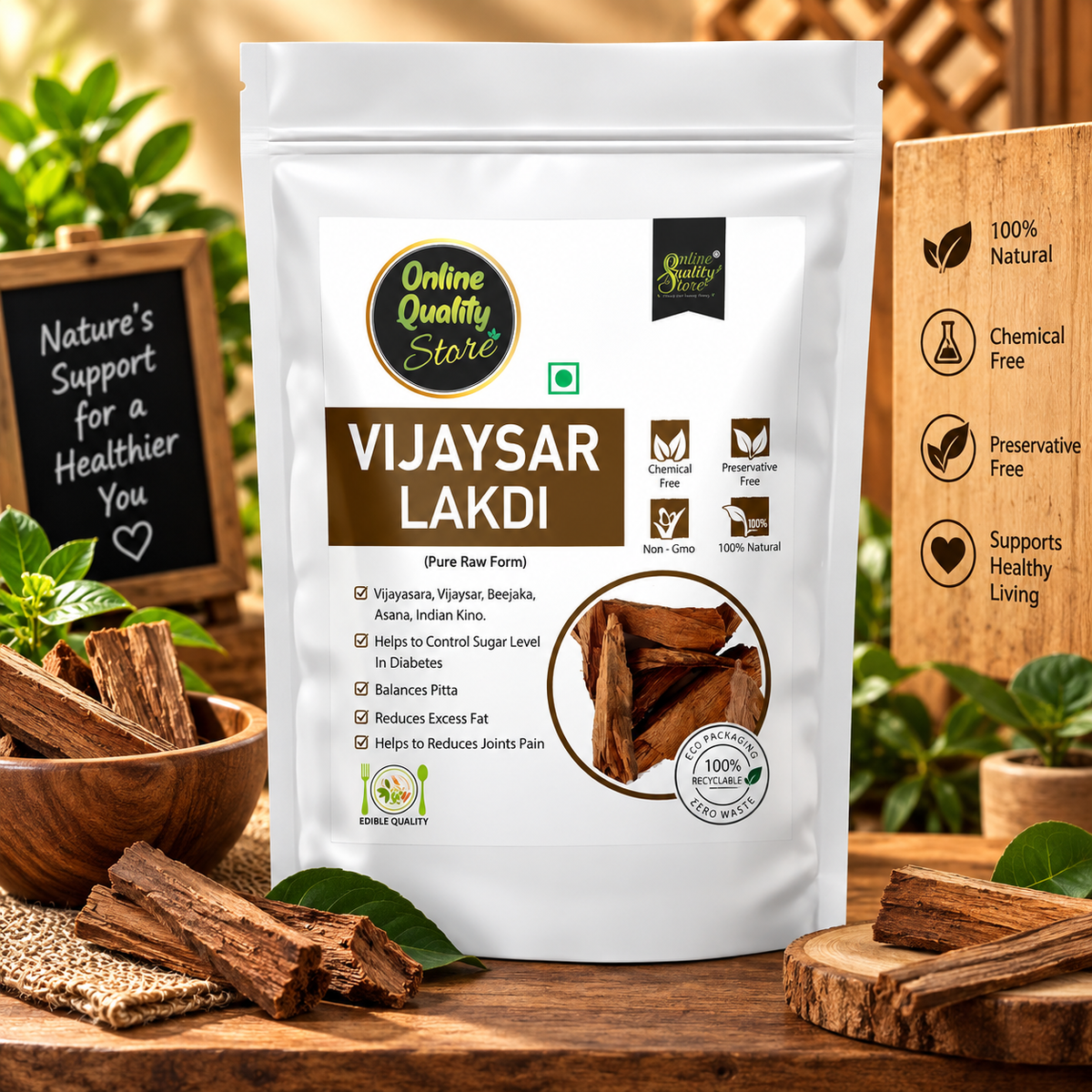Online Quality Store Vijaysar Lakdi- 100g|Vijaysar Bark/Chaal|Indian Kino|Pterocarpus Marsupium Bark