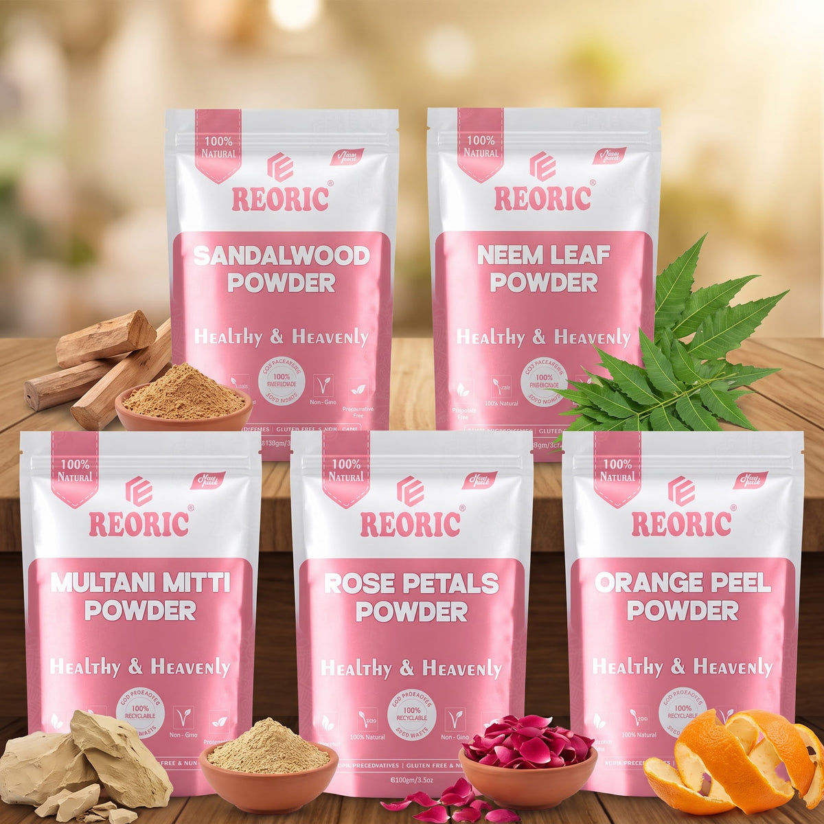 REORIC Sandalwood, Neem, Rose Petal, Multani Mitti & Orange Peel Powder Combo - 500gm