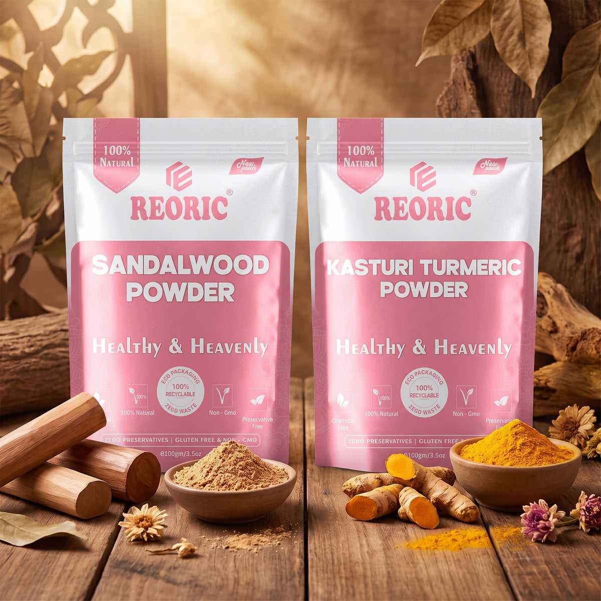 REORIC Sandalwood and Kasturi Turmeric Powder Combo 200g (100g Pack of 2)