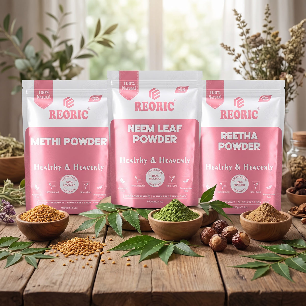 REORIC Methi, Neem, Reetha Powder Hair Care Combo (300g, 100g Each)