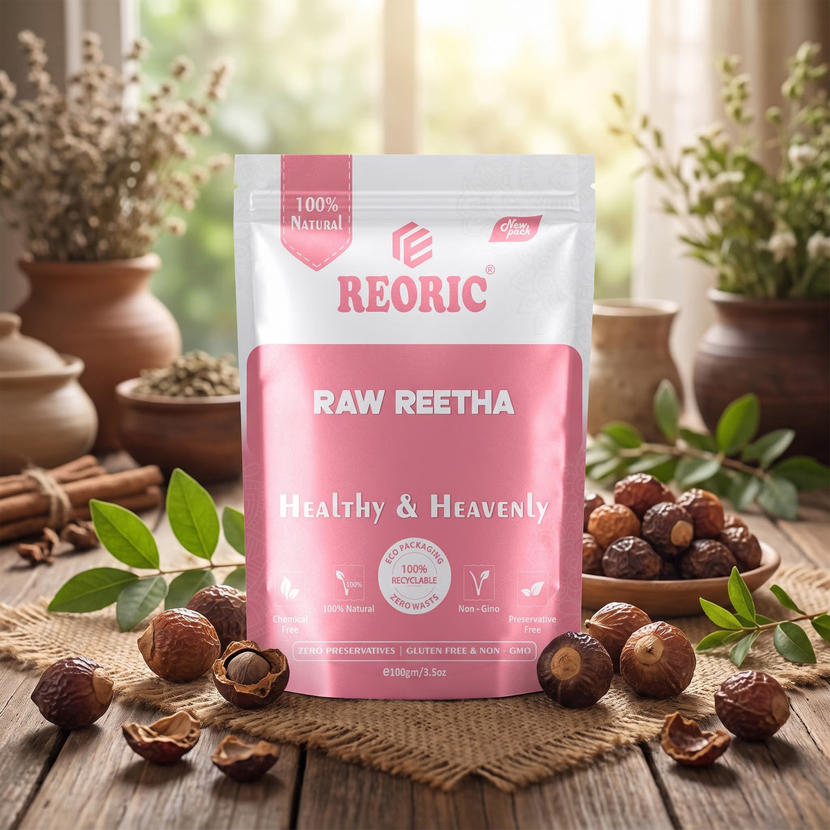 REORIC Raw Reetha Whole Dried Soapnuts for DIY Hair Wash & Scalp Cleansing, 100g