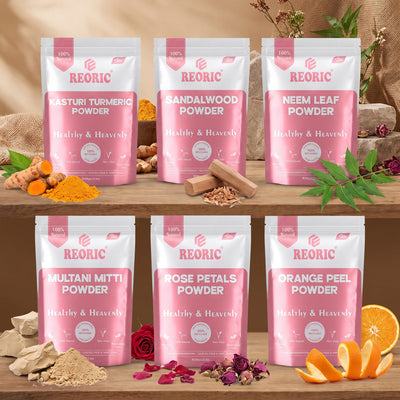 REORIC Herbal Face Pack Powder Combo Pack of 6 (100g Each) - Turmeric, Sandalwood, Neem, Orange Peel, Rose & Multani Mitti Powder