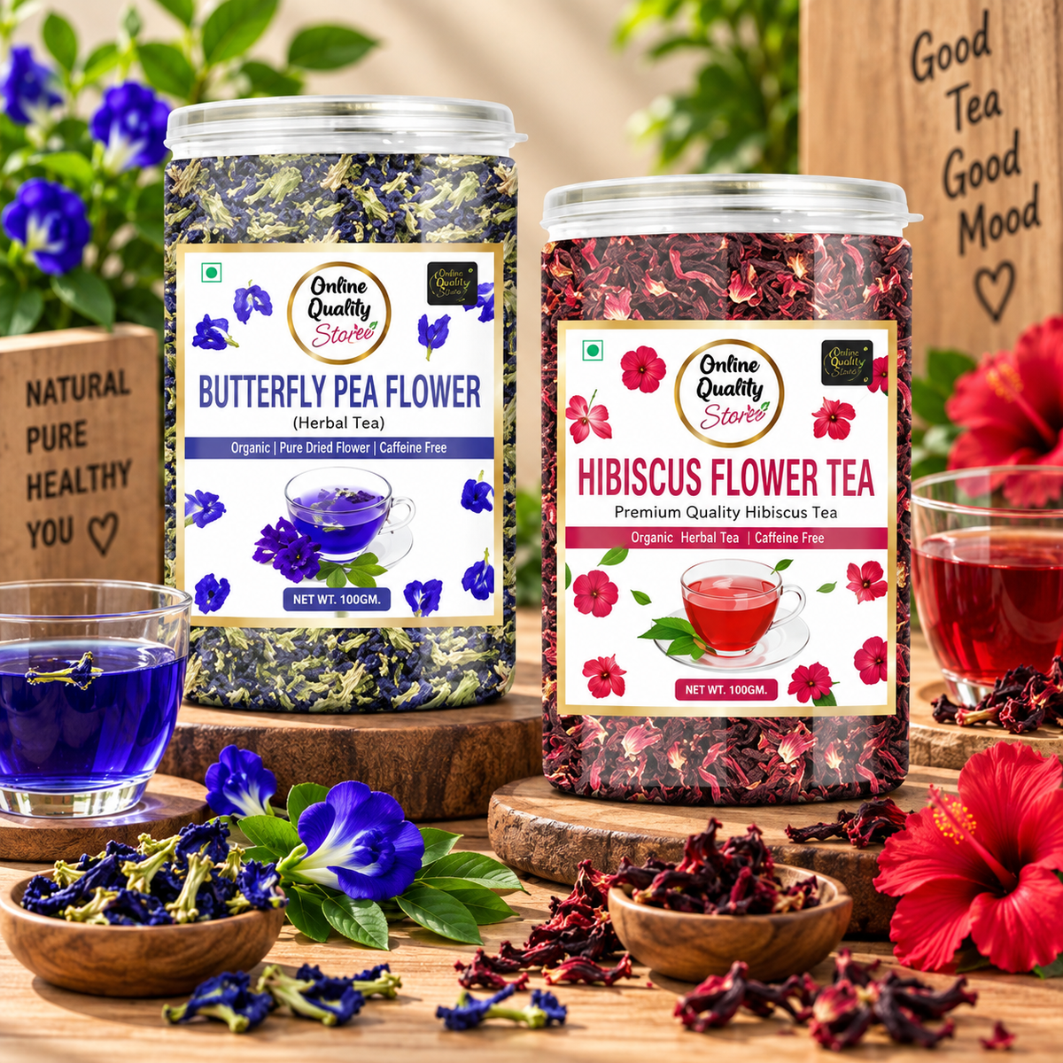 Online Quality Store Organic Hibiscus Flower Tea-100g & Butterfly Pea Flower Tea- 100g |Herbal Tea