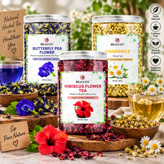 BRALCON Organic Herbal Tea Combo Pack- Butterfly Pea Flower Tea, Hibiscus Flower Tea, Chamomile Flower Tea- 300g(100g x 3 Pack) | Blue Pea Tea | Premium Hibiscus Tea | Chamomile Tea| Boost Immunity