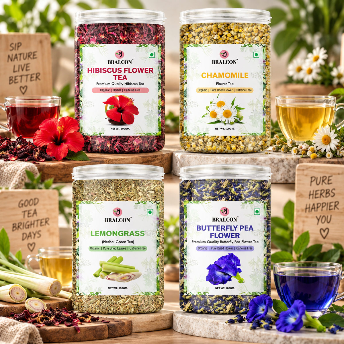 BRALCON Hibiscus Flower Tea,Butterfly Pea Flower Tea,Chamomile Flower Tea,Lemongrass Tea-400g(100g x 4 Pack)