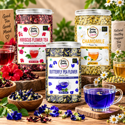 Online Quality Store Combo of Butterfly Pea Tea, Hibiscus Flower Tea, Chamomile Flower Tea -100g Each