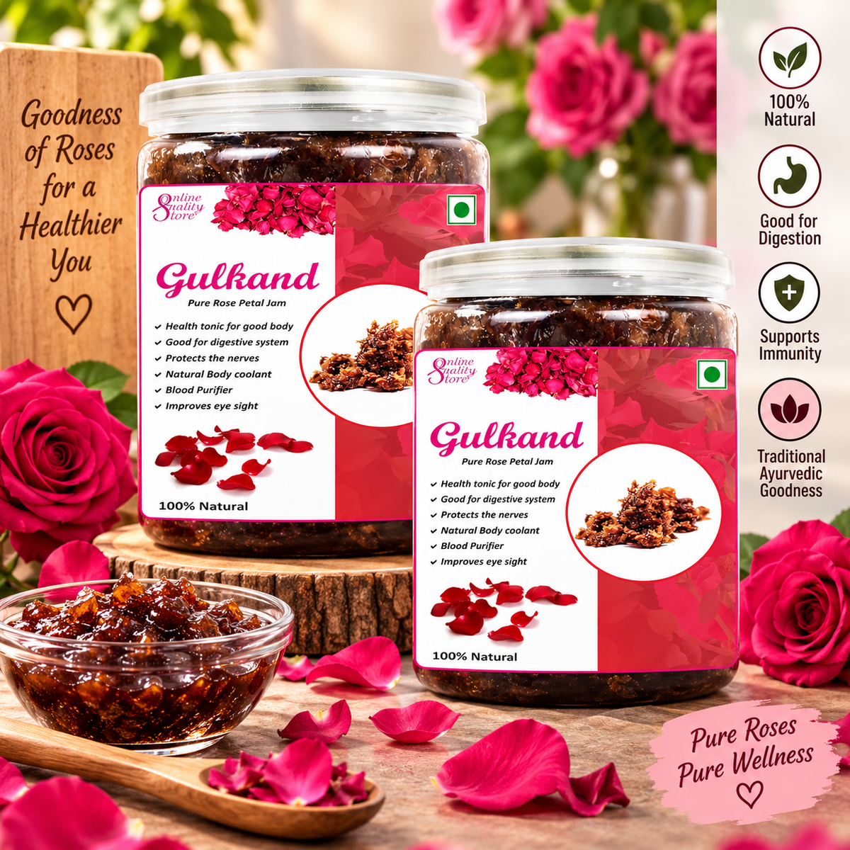 Online Quality Store Natural Gulkand (Rose Petal Jam), 900g | Sun-Cooked Damask Rose Petals & Rock Sugar |Pure gulkand Organic| Gulkand for Paan