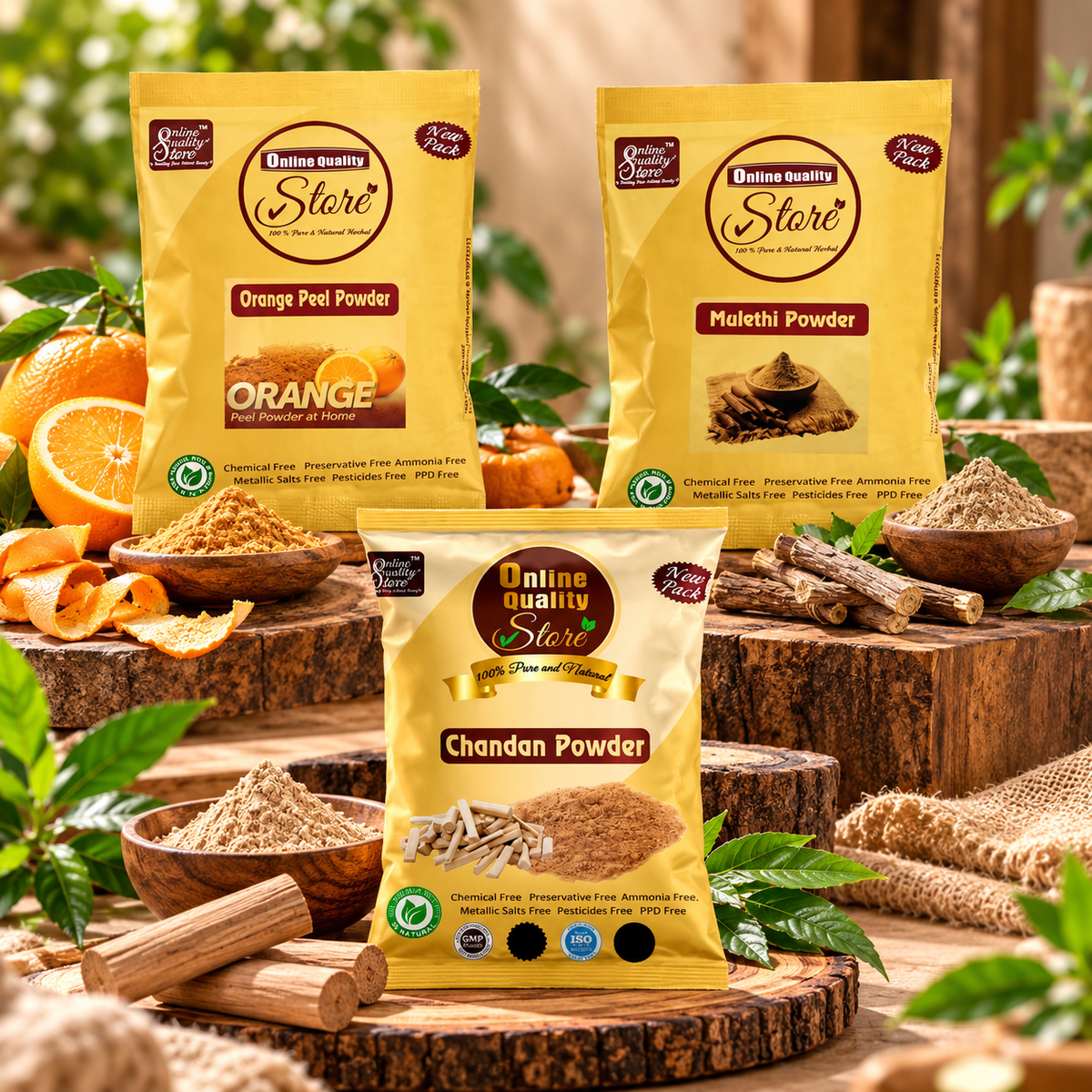 Online Quality Store Face Pack for Glowing Skin and Pimples Combo of Mulethi Powder (Licorice) (50 g) with Orange Powder (50 g) and Chandan Powder (50 g)-150 gm
