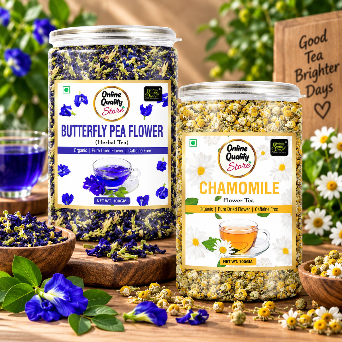 Online Quality Store Organic Butterfly Pea Flower, Chamomile Flower Herbal Tea Combo- 100g Each