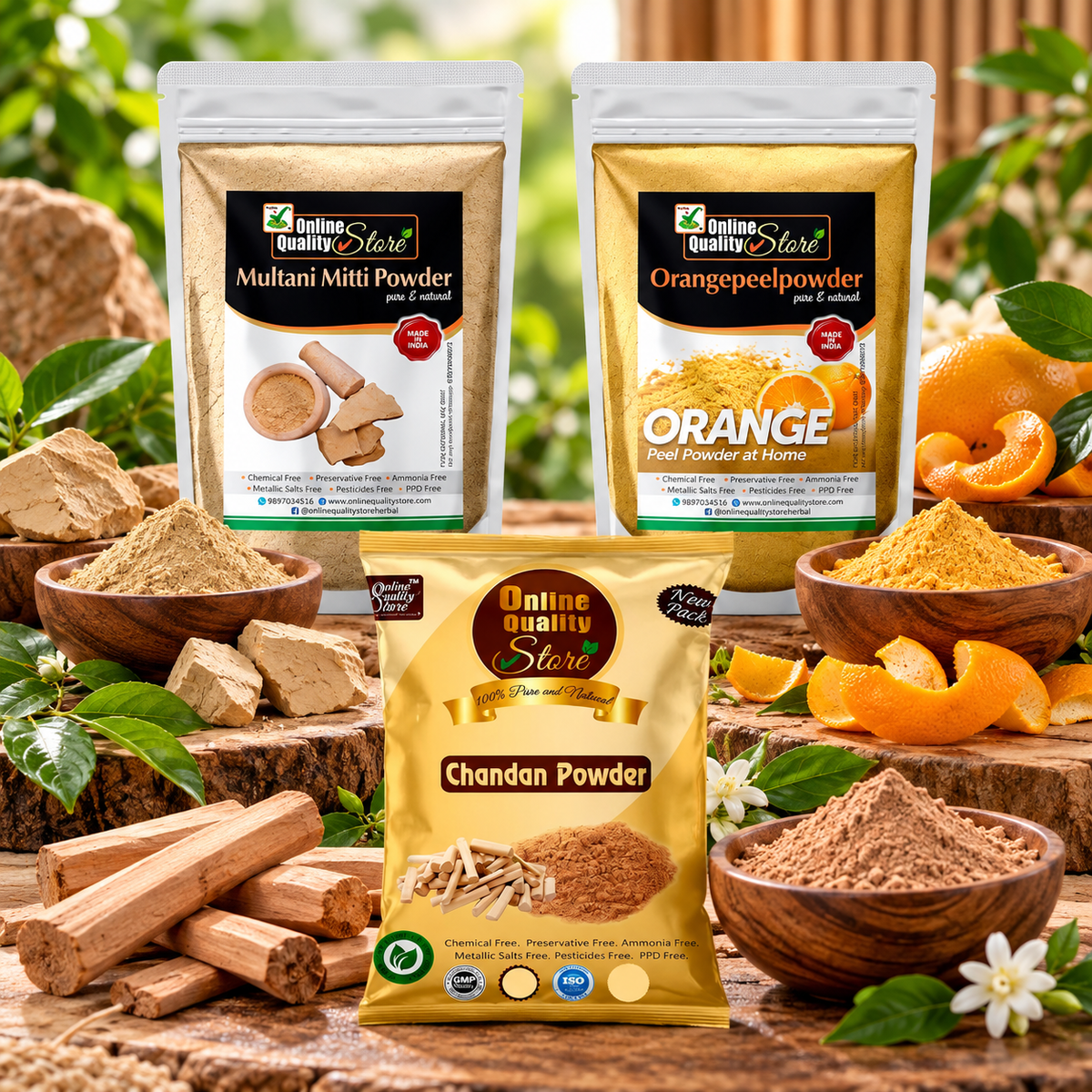 Online Quality Store Chandan Powder Original (100g) + Orange Peel Powder For Skin Whitening (100g) + Multani Mitti Powder (100g) Herbal Face Packs, 300g