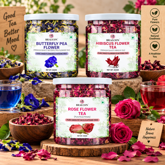 BRALCON Herbal Tea Combo, Butterfly Pea, Hibiscus, Rose, Pure Dried, Caffeine Free, 50g Each, 3 Pack