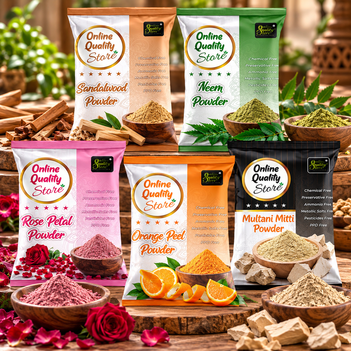 Online Quality Store Multani Mitti + Chandan Powder + Orange Peel Powder + Neem Powder + Rose Powder |fullers earth powder ,Bentonite Clay |sandalwood powder |Santra Chilka powder|Pure Neem Leaves Powder |Rose Petals Powder(Pack of 5 ,Total 400g Pack)