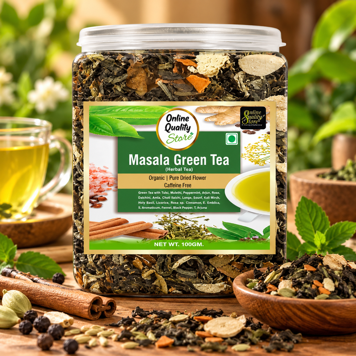 Online Quality Store Organic Masala Green Tea - 100g | Blended with Green Tea & Ayurvedic Herbs | Herbal Green Tea Leaves | Whole Green Tea Leaf