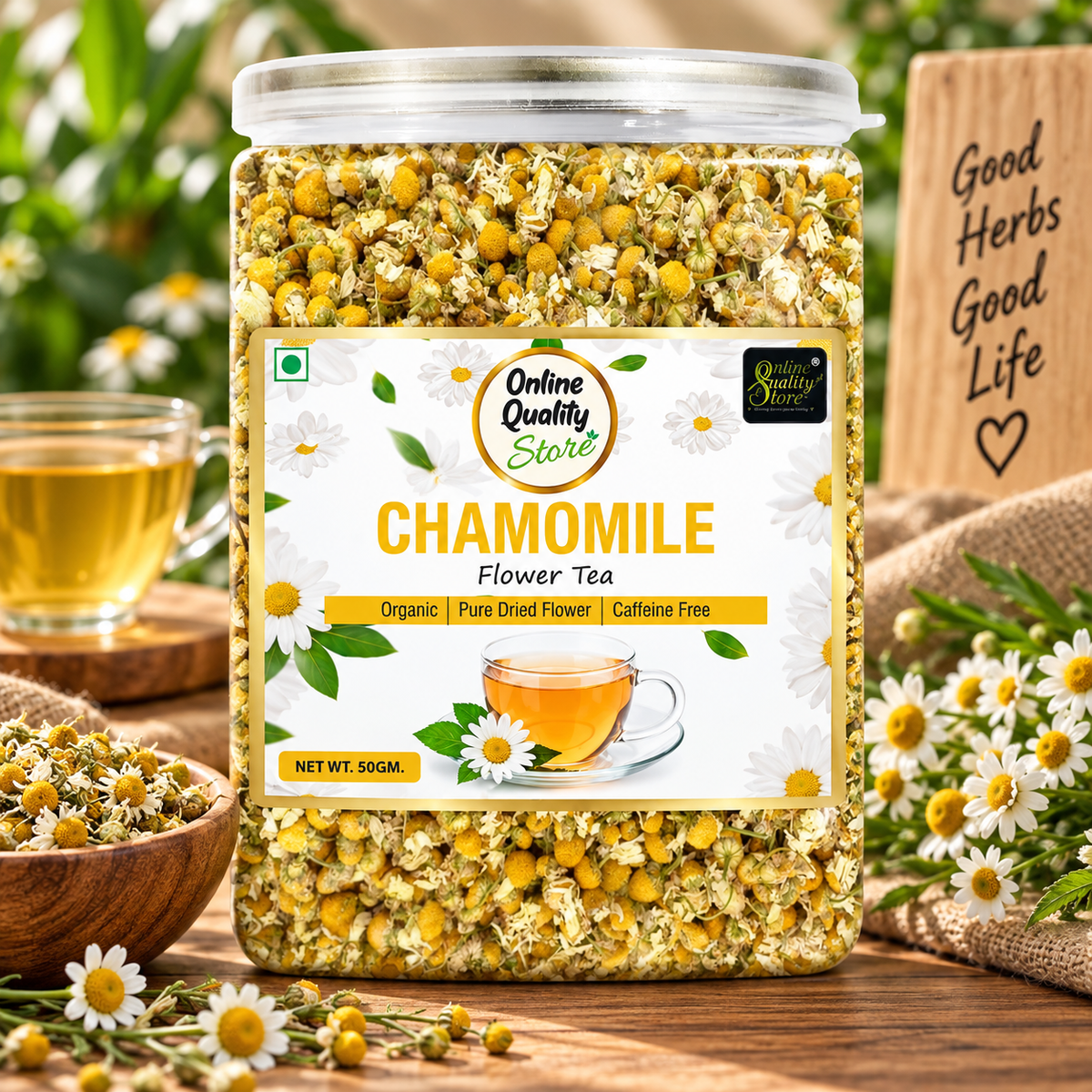 Online Quaity Store Organic Chamomile Flower Tea - 50g | Caffeine Free Herbal Tea | Sleep Tea & Stress Relief | 100% Natural Chamomile Flower Tea Leaves