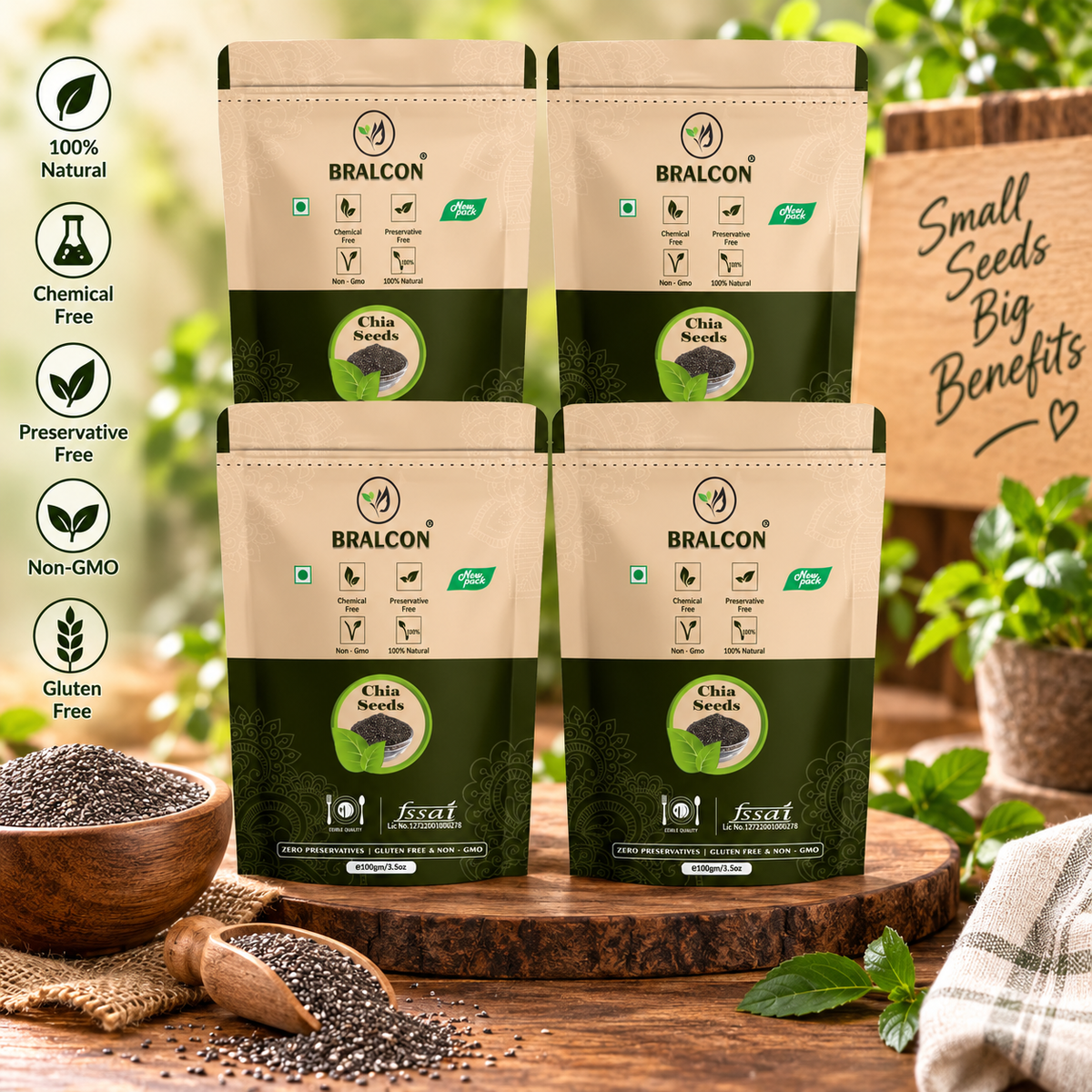 BRALCON Raw Unroasted Organic Chia Seeds - 100g(Pack of 4)