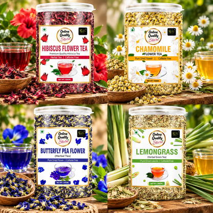 Online Quality Store Hibiscus Flower Tea, Butterfly Pea Tea, Chamomile Tea, Lemongrass Tea-100g Each