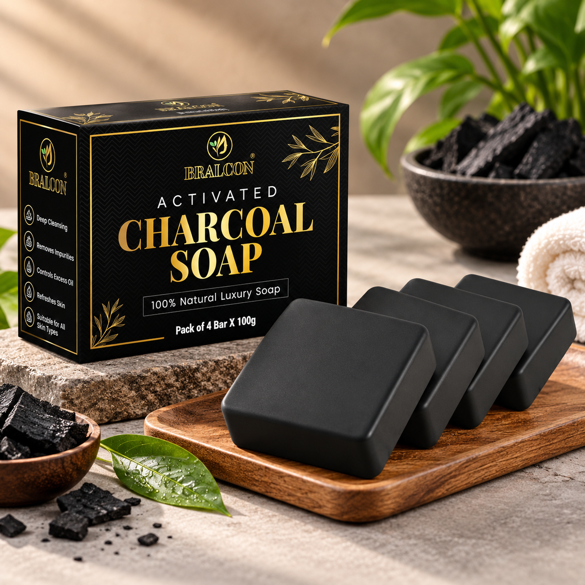 Activated Charcoal Soap, 100% Natural Luxury Bar, Black, Pack of 4, 100g Each