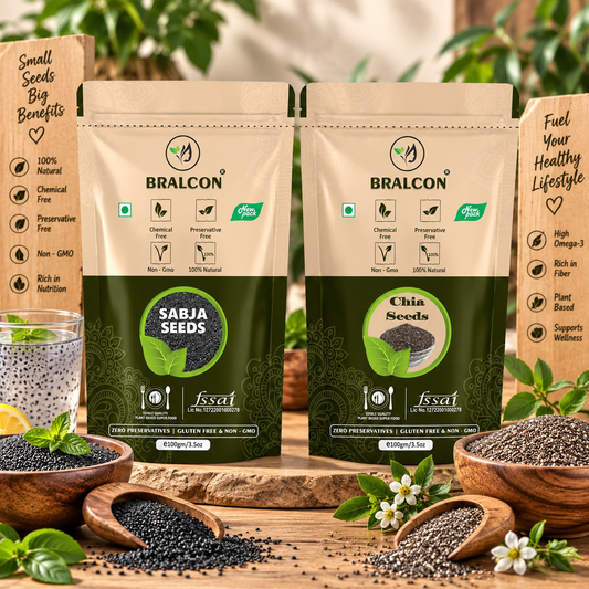 BRALCON Sabja Seeds and Chia Seeds Combo (Pack of 2 100gm each - Total 200gm) | Raw Basil Seeds & Premium Chia Seeds for Weight Management, Smoothies & Healthy Diet