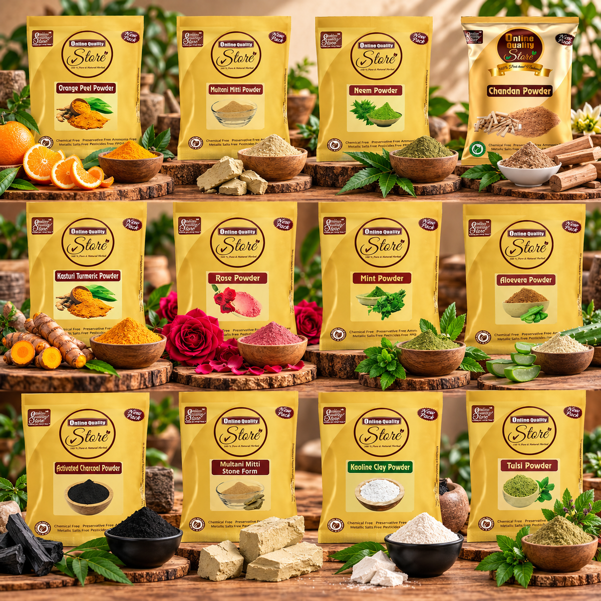 Online Quality Store Combo of 12 Skin Care Products ,(Multani Mitti, Neem, Orange Peel, Rose, Chandan, Charcoal, Mitti Stone, Kaolin Clay, Mint, Haldi,Alovera, Tulsi Powders) |skin care products combo,(Pack of 12 ,50g each ,Total 600 Pack)