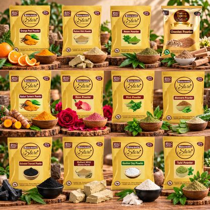 Online Quality Store Combo of 12 Skin Care Products ,(Multani Mitti, Neem, Orange Peel, Rose, Chandan, Charcoal, Mitti Stone, Kaolin Clay, Mint, Haldi,Alovera, Tulsi Powders) |skin care products combo,(Pack of 12 ,50g each ,Total 600 Pack)