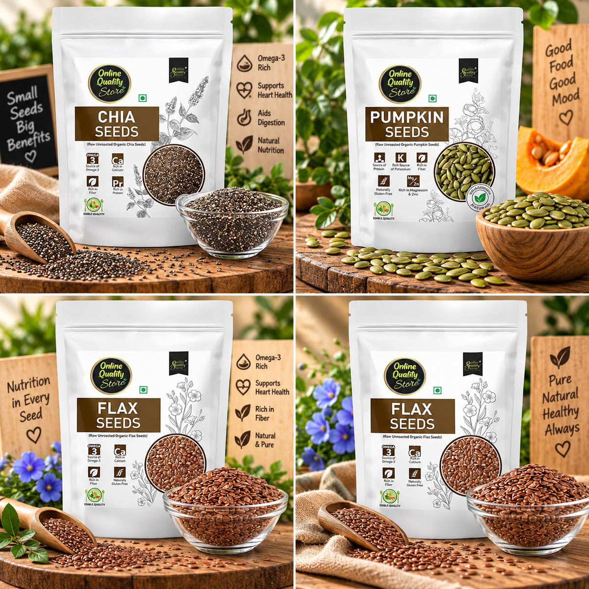 Online Quality Store Organic Combo of Flax Seeds & Chia Seeds, Pumpkin Seeds -400gm(100gm x 4 Pack)