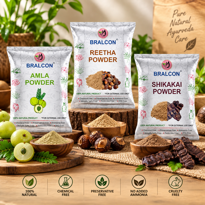 BRALCON Reetha Amla Shikakai Powder | Natural Hair Care Powder Set - 300 g , 100g Each | Chemical-Free | Hair Shampoo