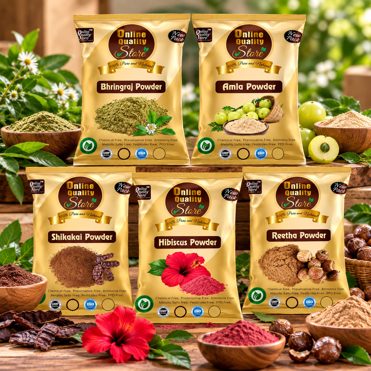 Online Quality Store Amla Reetha Shikakai, Bhringraj and Hibiscus Powder for Hair |Aritha|Ritha|Soapnuts|Indian Gooseberry powder |organic Bhringraj Powder |Hibiscus Powder/gudhal powder/gudhal fool powder(Pack of 5 ,50g each ,Total 250g Pack)