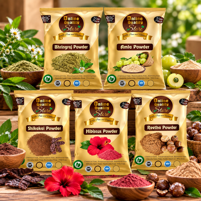 Online Quality Store Amla Reetha Shikakai, Bhringraj and Hibiscus Powder for Hair |Aritha|Ritha|Soapnuts|Indian Gooseberry powder |organic Bhringraj Powder |Hibiscus Powder/gudhal powder/gudhal fool powder(Pack of 5 ,50g each ,Total 250g Pack)