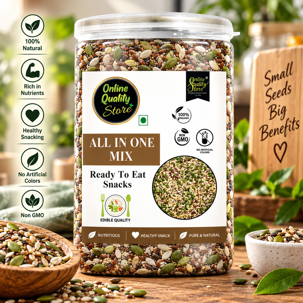 Online Quality Store Mix Seeds - 250g Jar | 6-In-1 Super Seeds Mix | Pumpkin, Sunflower, Watermelon, Flax, Strawberry and Chery Seeds - Mixed seeds for weight loss | Edible Seeds