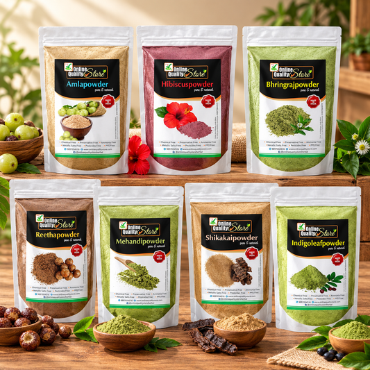 Online Quality Store Reetha (200g) + Amla (200g) + Shikakai (200g) + Bhringraj (200g) + Hibiscus (200g) + Mehandi (200g) + FREE Indigo (200g) Powder For Hairs, 1400g