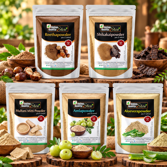 Online Quality Store Amla(75 Grams) Reetha(75 Grams) Shikakai(75 Grams) Multani Mitti(100 Grams) and Alovera powder(75 Grams) for hair in Separate packaging (Total :- 400 Grams) - Offer of the day
