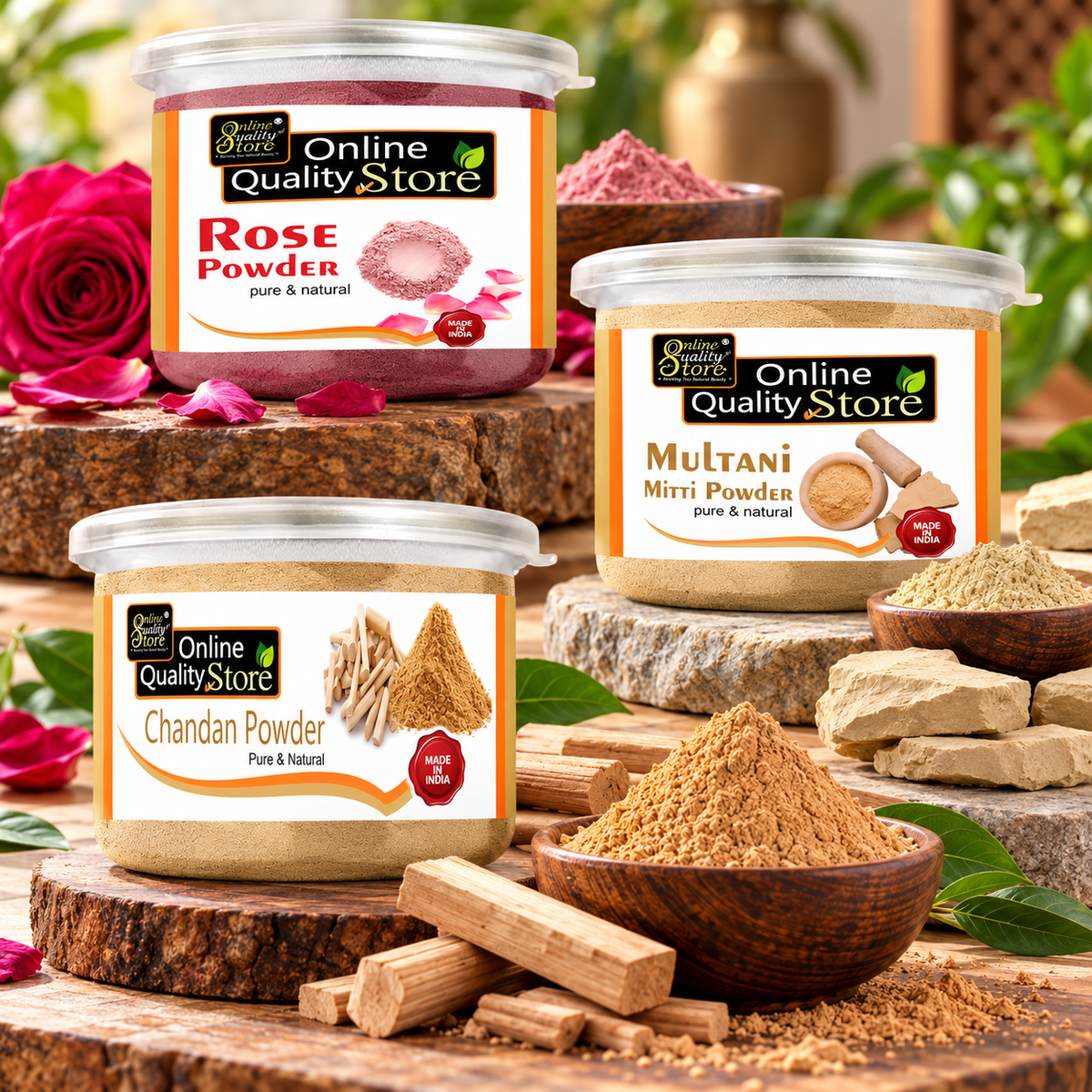 Online Quality Store Chandan Powder +Rose Powder +Multani Mitti Powder |sandalwood powder |chandan for pooja,face,facepack,pooja tilak,laddu gopal |rose powder for face |,Fuller's Earth , Bentonite Clay ,(400g,combo pack)