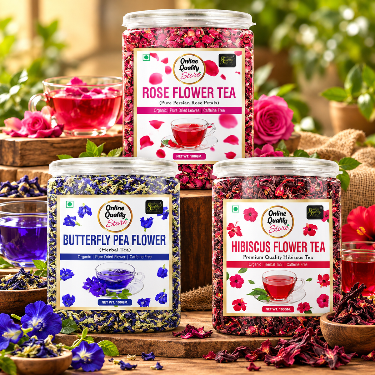 Online Quality Store Organic Hibiscus Flower Tea, Butterfly Pea Flower Tea, Rose Flower Tea Combo- 300g(100g x 3 Pack)|Caffeine Free Herbal Tea|Premium Hibiscus Tea|Blue Pea Tea|Rose Tea|Reduce Stress