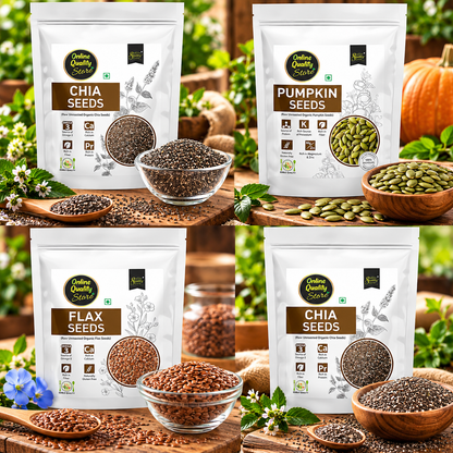 Online Quality Store Organic Combo of Flax Seeds & Chia Seeds, Pumpkin Seeds -400gm(100gm x 4 Pack)