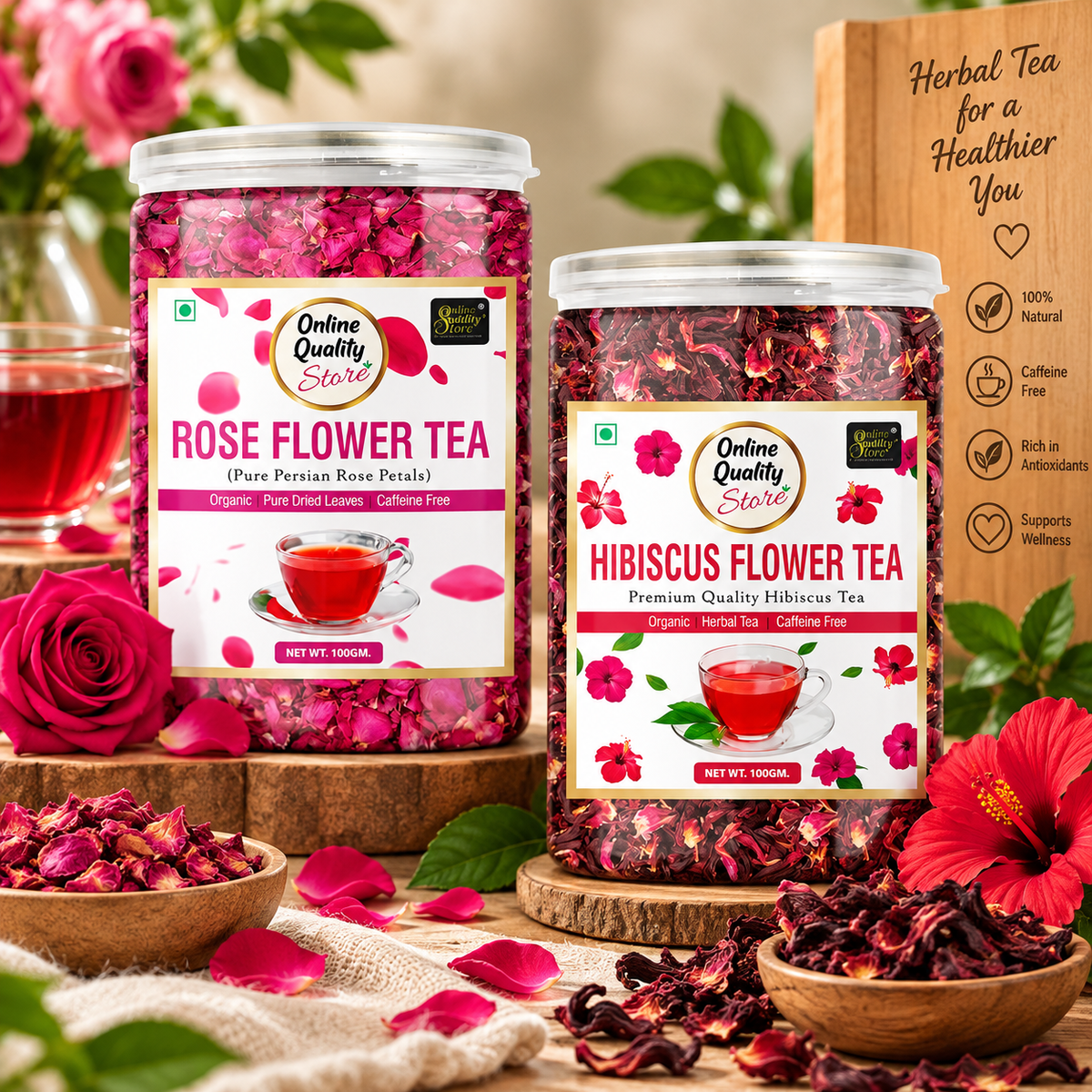 Online Quality Store Organic Hibiscus Flower Tea, Rose Flower Tea Combo- 200g (100g x 2 Pack) | Caffeine Free Herbal Tea | Premium Hibiscus Tea |use for Iced Tea, Cocktails|Improve Digestion| Rose Tea