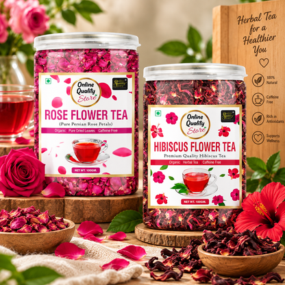 Online Quality Store Organic Hibiscus Flower Tea, Rose Flower Tea Combo- 200g (100g x 2 Pack) | Caffeine Free Herbal Tea | Premium Hibiscus Tea |use for Iced Tea, Cocktails|Improve Digestion| Rose Tea