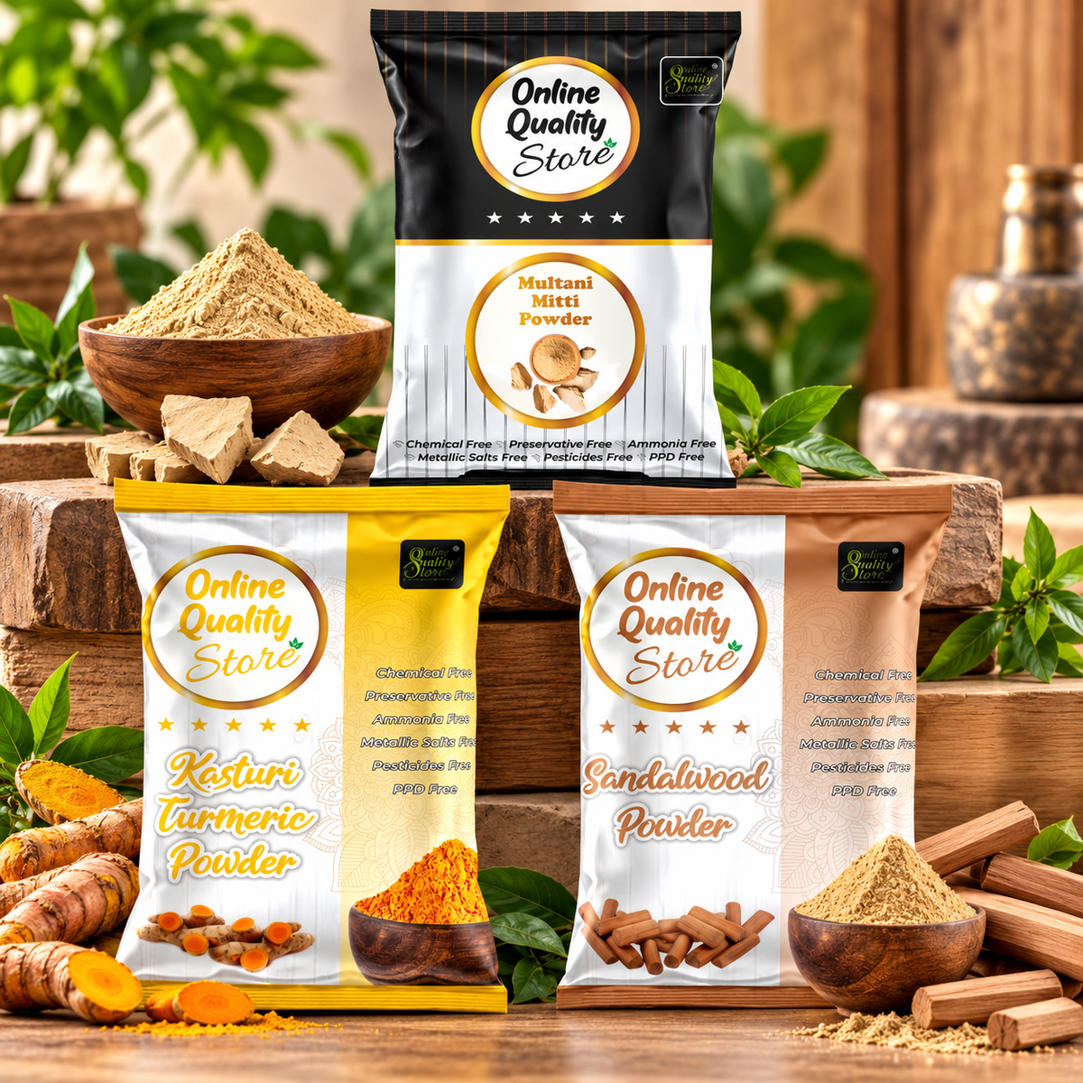 Online Quality Store Chandan Powder,sandalwood powder(100g) |Kasturi Turmeric Powder For Face Pack,kasturi manjal,wild turmeric powder(100g) |Multani Mitti Powder (100g) |Herbal Face Packs, 300g