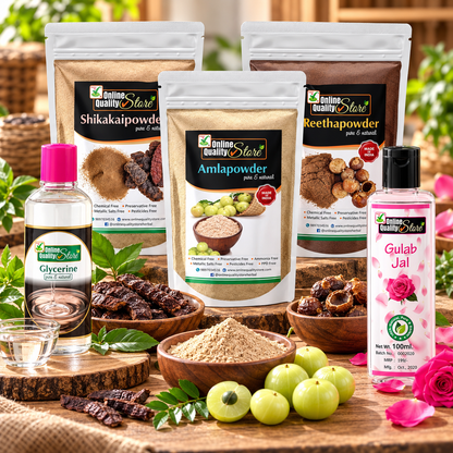Online Quality Store Reetha (150g) + Shikakai (150g) + Amla (150g) Powders For Hair + Glycerin (200g) For Beauty & Skin Care + Pure Rose Water Gulab Jal Natural (200ml) Combo Pack, 850g