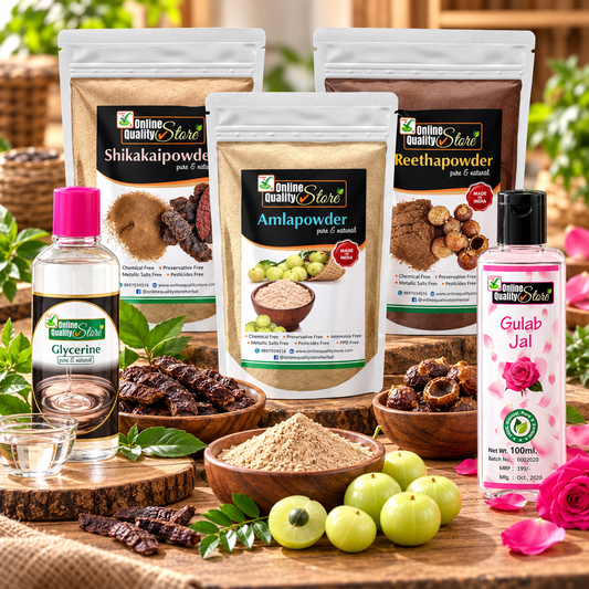 Online Quality Store Reetha (150g) + Shikakai (150g) + Amla (150g) Powders For Hair + Glycerin (200g) For Beauty & Skin Care + Pure Rose Water Gulab Jal Natural (200ml) Combo Pack, 850g