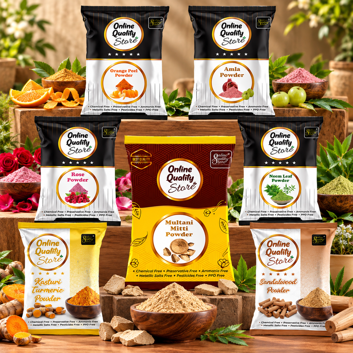 Online Quality Store Face Pack, Combo Pack of Multani Mitti 300g, Chandan Powder 100g, Orange Peel Powder 100g, Neem Powder100g and Rose Powder 100g, Kasturi Turmeric 100 g, Pomegranate Powder 100 g