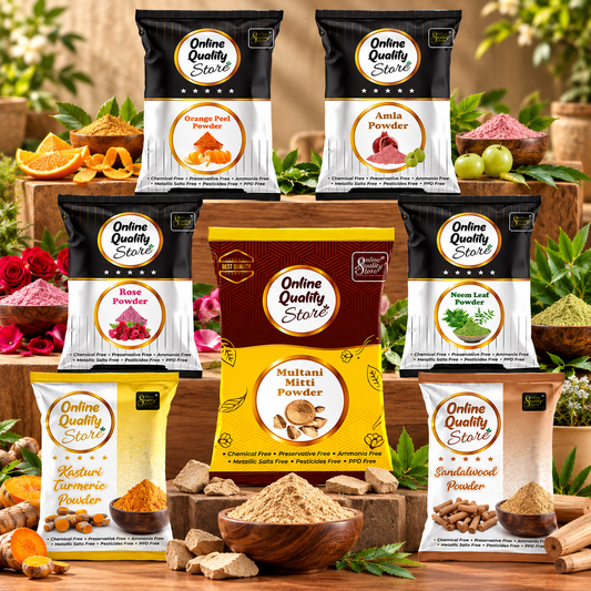 Online Quality Store Face Pack, Combo Pack of Multani Mitti 300g, Chandan Powder 100g, Orange Peel Powder 100g, Neem Powder100g and Rose Powder 100g, Kasturi Turmeric 100 g, Pomegranate Powder 100 g