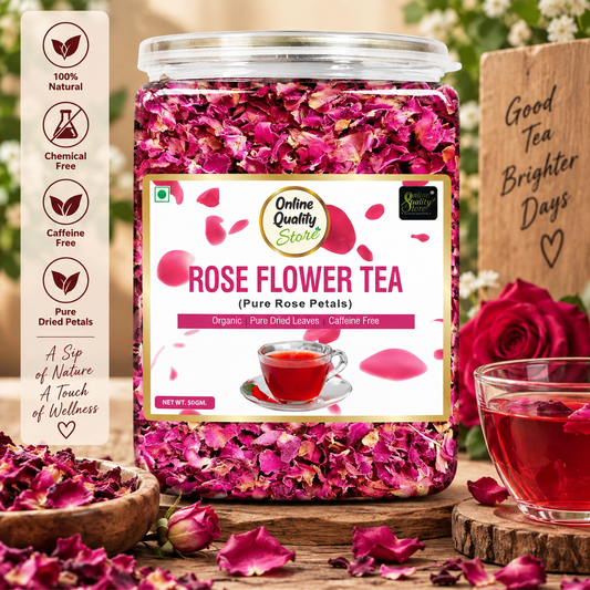 Online Quality Store Organic Rose Flower Tea - 50g | Pure Rose Petals | Caffeine Free Herbal Tea | Use for Iced Tea, Cocktails | Cures Sore throat |Rose Tea |Dried Leaves Rose Herbal Tea