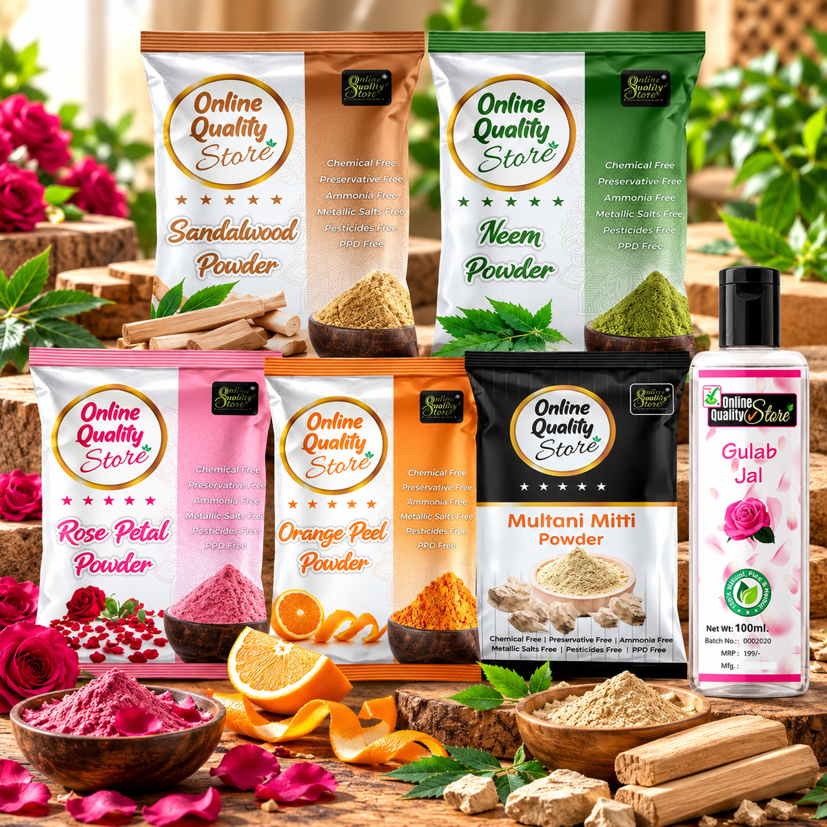 Online Quality Store Multani Mitti ,Chandan Powder ,Orange Peel Powder ,Neem Powder ,Rose Powder ,free Pure Rose Water |sandalwood powder |santra chilka powder |pure organic neem powder for face,body,skin, & hair,400g
